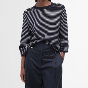 Brooks Brothers M navy blue top blouse 100% cotton white stripe 3/4 sleeve